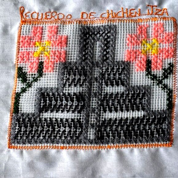 VTG Handmade Multicolor Cross-Stitch 18X18 Linen Mayan Ruins Primitive Decor Art - Picture 4 of 12